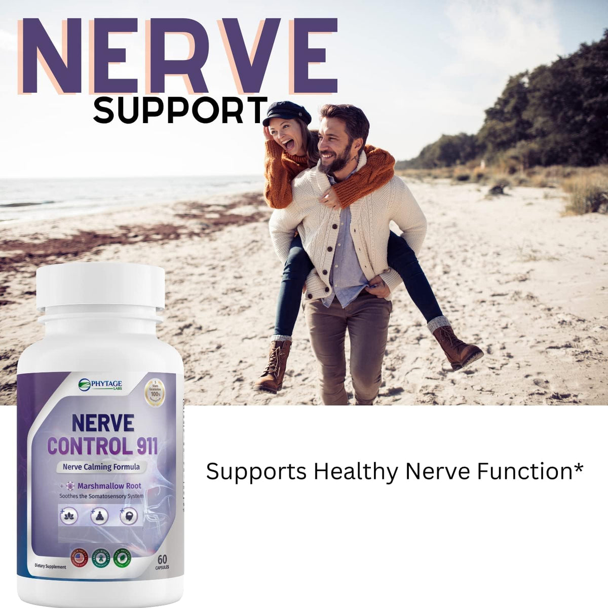 Bottle of Nerve Control 911 supplement with a couple on a beach background
