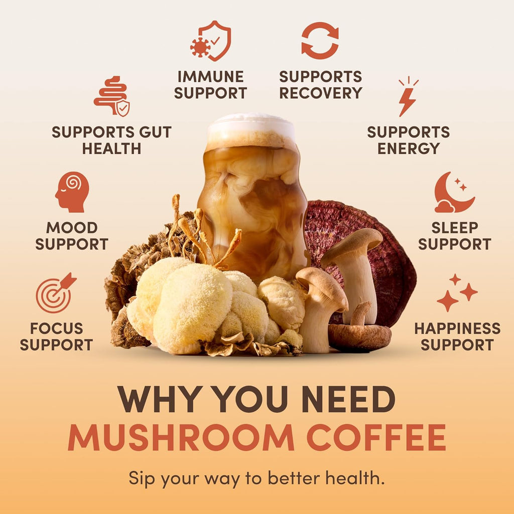 Mushroom coffee with health benefits listed on a beige background