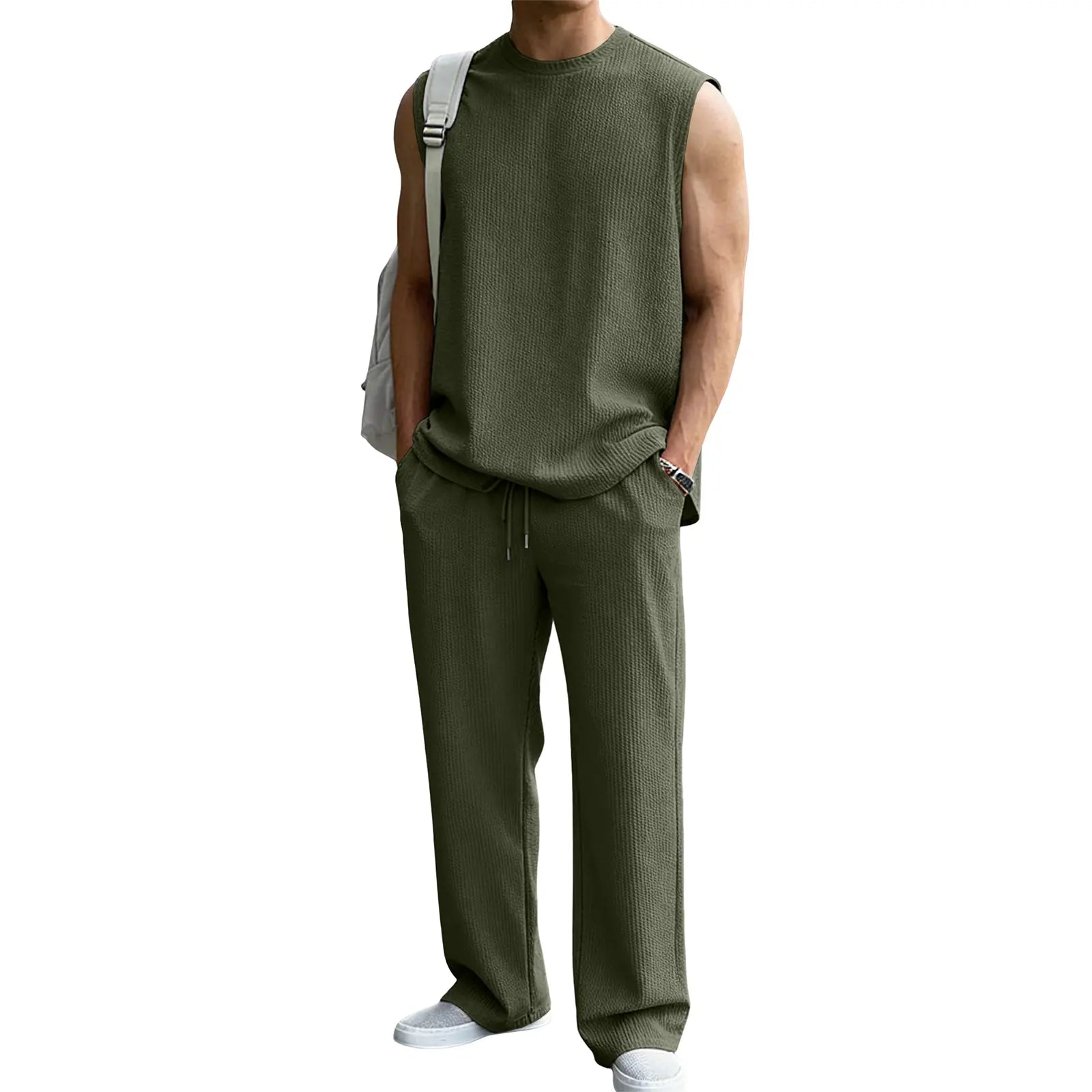 Mens 2 Piece Rib Knit Sweatsuit Summer Sleeveless Tank Top Baggy Wide Leg Pants Set Vacation Beach Outfit for Men