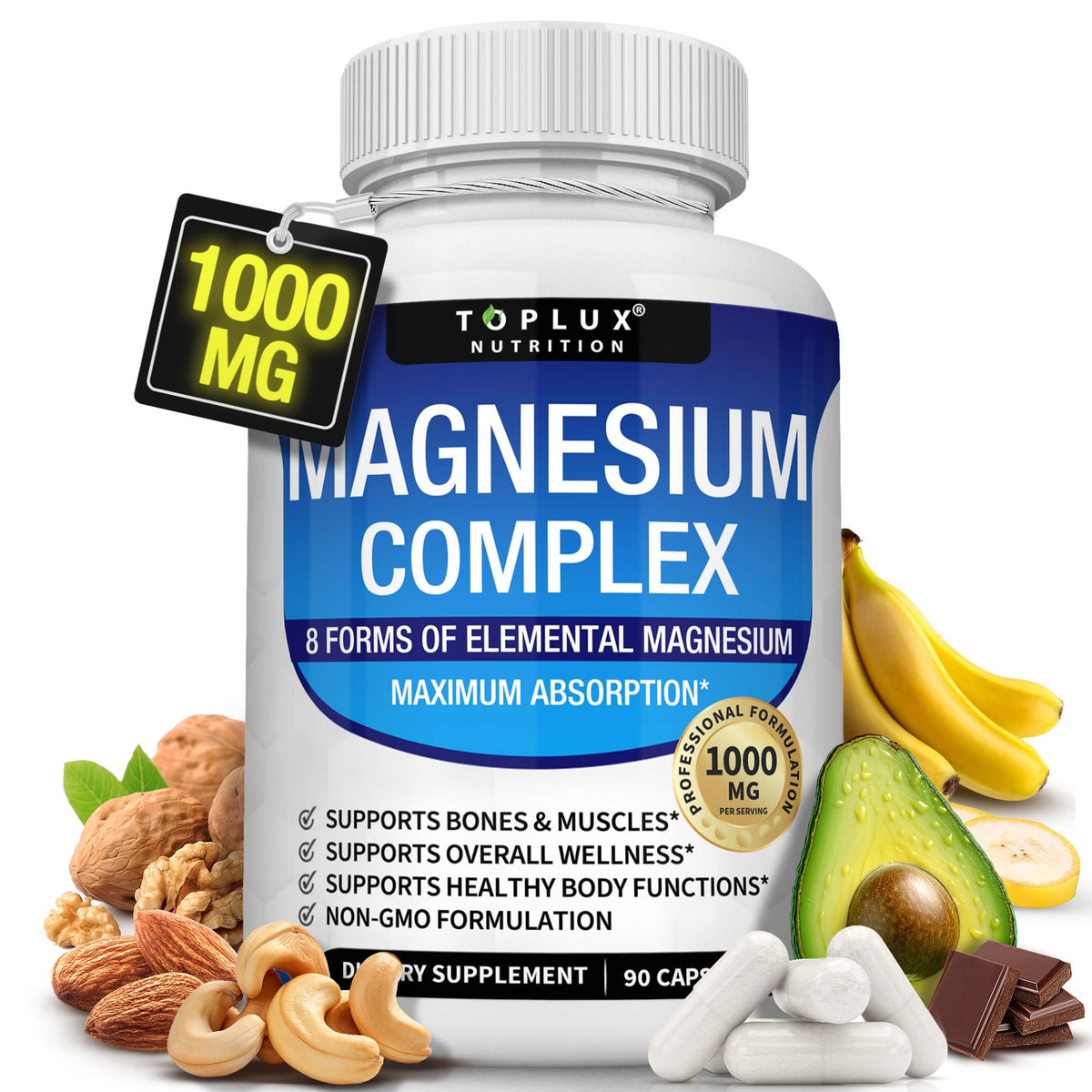 Magnesium Glycinate 8in1 Complex Supplement 1000mg - Magnesium Glycinate, Citrate, Malate, Taurate, Chelated for Health and High Absorption | Third Party Tested, Gluten Free, Non-GMO - Easy to Swallow