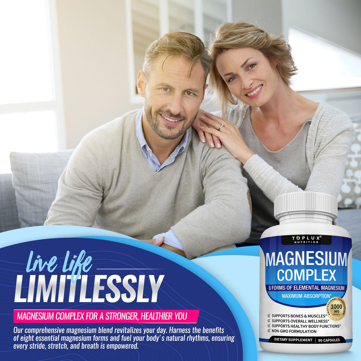 Magnesium Glycinate 8in1 Complex Supplement 1000mg - Magnesium Glycinate, Citrate, Malate, Taurate, Chelated for Health and High Absorption | Third Party Tested, Gluten Free, Non-GMO - Easy to Swallow