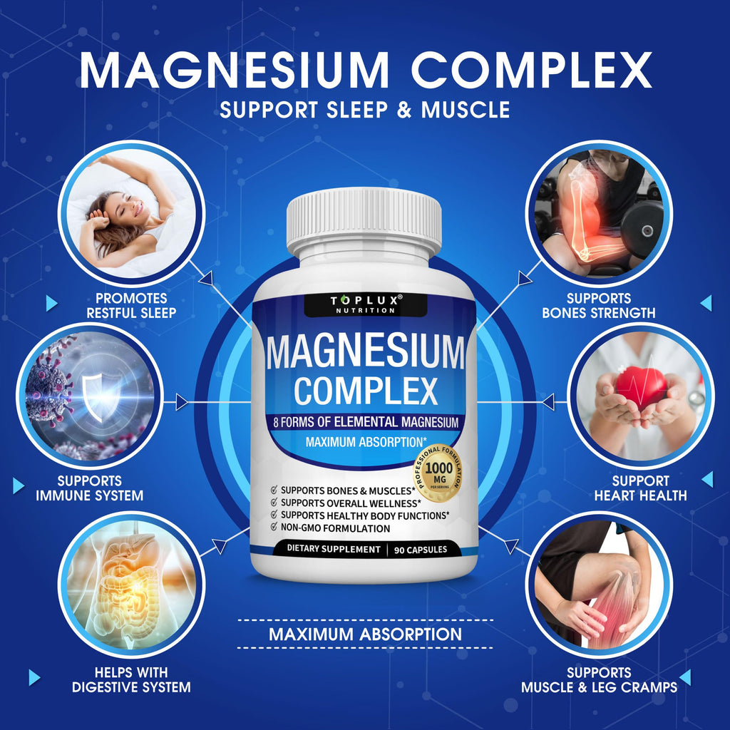 Magnesium Glycinate 8in1 Complex Supplement 1000mg - Magnesium Glycinate, Citrate, Malate, Taurate, Chelated for Health and High Absorption | Third Party Tested, Gluten Free, Non-GMO - Easy to Swallow