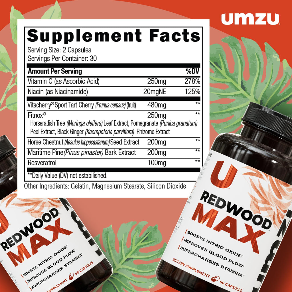 UMZU Redwood Max Nitric Oxide Booster, 1-Month Supply – Advanced Nitric Oxide Supplement with Fitnox Blend, Pine Bark, Resveratrol & Tart Cherry – Promotes Healthy Circulation, Energy and Recovery