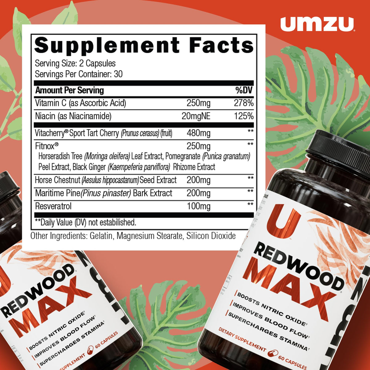 UMZU Redwood Max Nitric Oxide Booster, 1-Month Supply – Advanced Nitric Oxide Supplement with Fitnox Blend, Pine Bark, Resveratrol & Tart Cherry – Promotes Healthy Circulation, Energy and Recovery