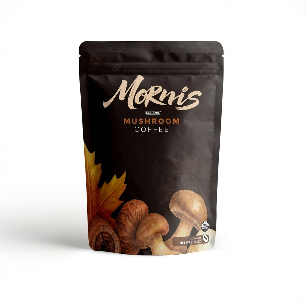 Organic Mornis mushroom coffee pouch featuring a fresh, earthy blend of coffee and mushrooms for focus and natural energy.
