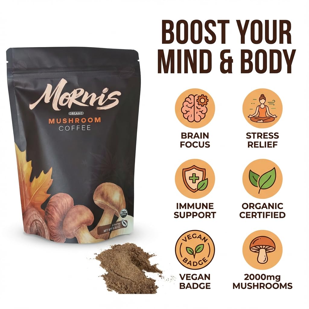 Mornis organic mushroom coffee in a mug, showcasing a steaming cup with coffee and mushroom ingredients, promoting focus and energy.