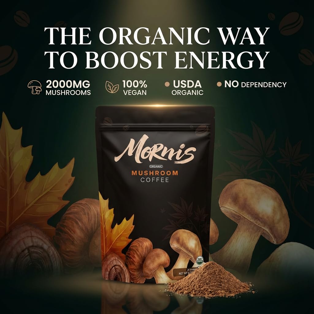 Organic Mushroom Coffee by Mornis featuring a brewed cup with mushrooms and coffee grounds, emphasizing adaptogenic blend for energy and focus.