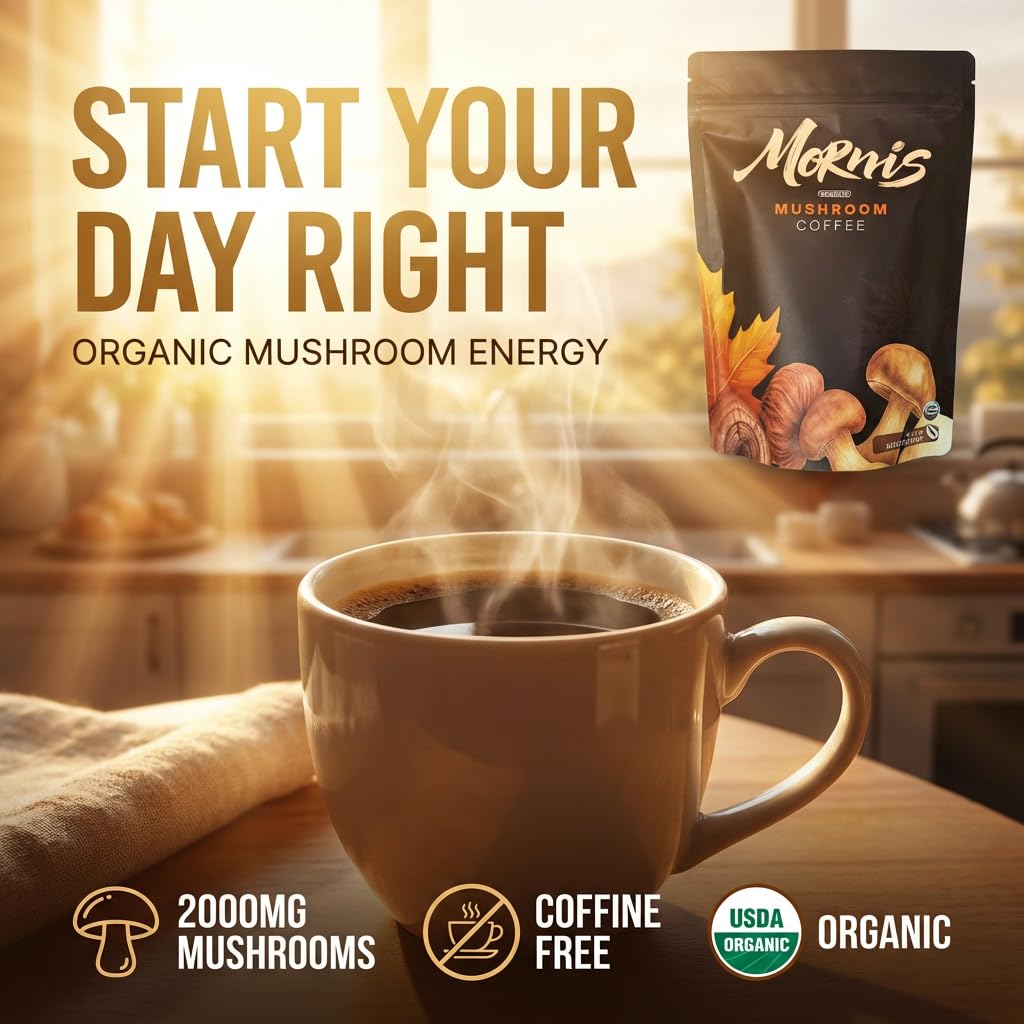 Organic Mushroom Coffee by Mornis featuring a steaming cup of adaptogenic mushroom coffee for energy, focus, and mental clarity.