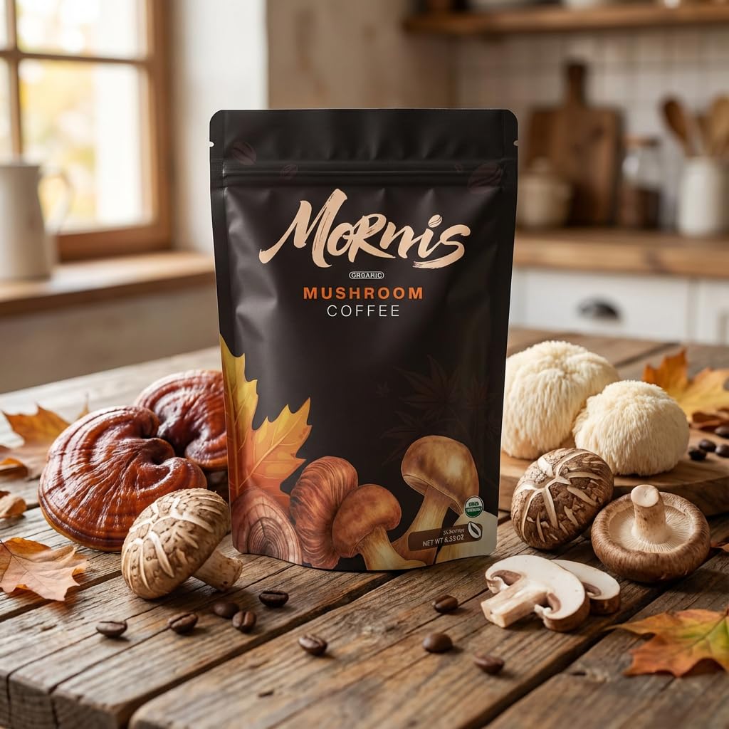 Organic mushroom coffee by Mornis featuring a steaming cup with a rich, earthy brew and fresh mushroom ingredients on a wooden table.